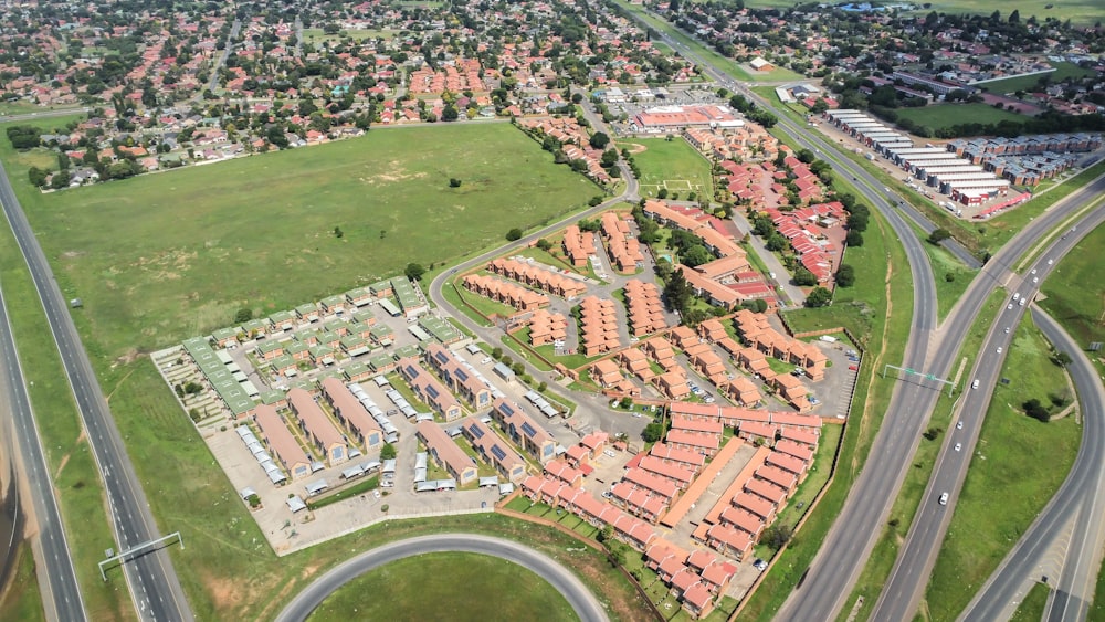 an aerial view of a city with lots of buildings