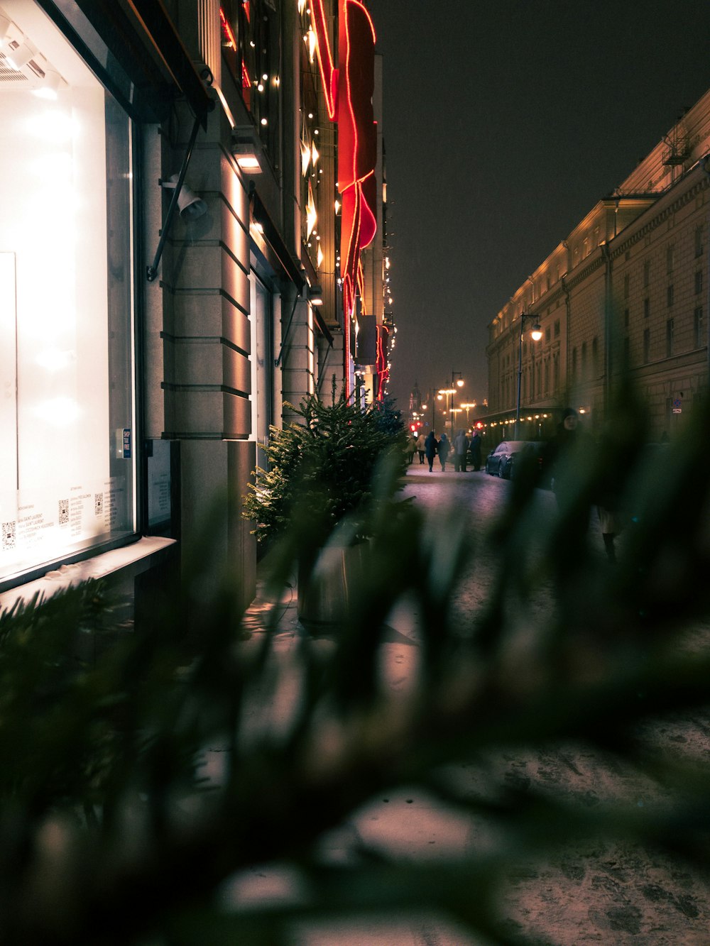 a view of a city street at night