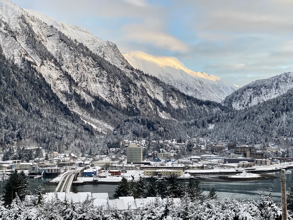 a snowy mountain town surrounded by trees and mountains