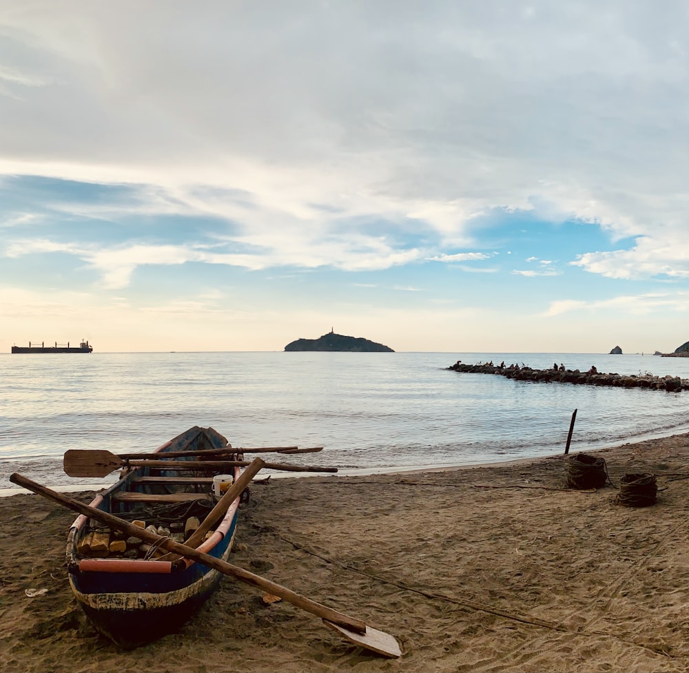 a small boat on the beach with paddles