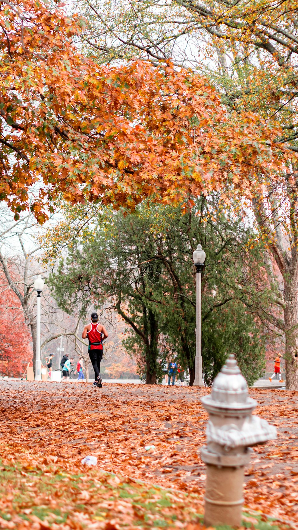 a person running in a park with leaves on the ground