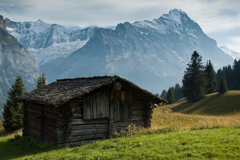 a cabin in a field with mountains in the background