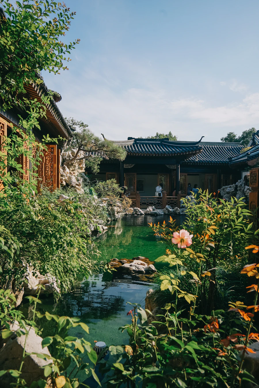 Quiet garden pond edged with stone and flowering plants among mature trees