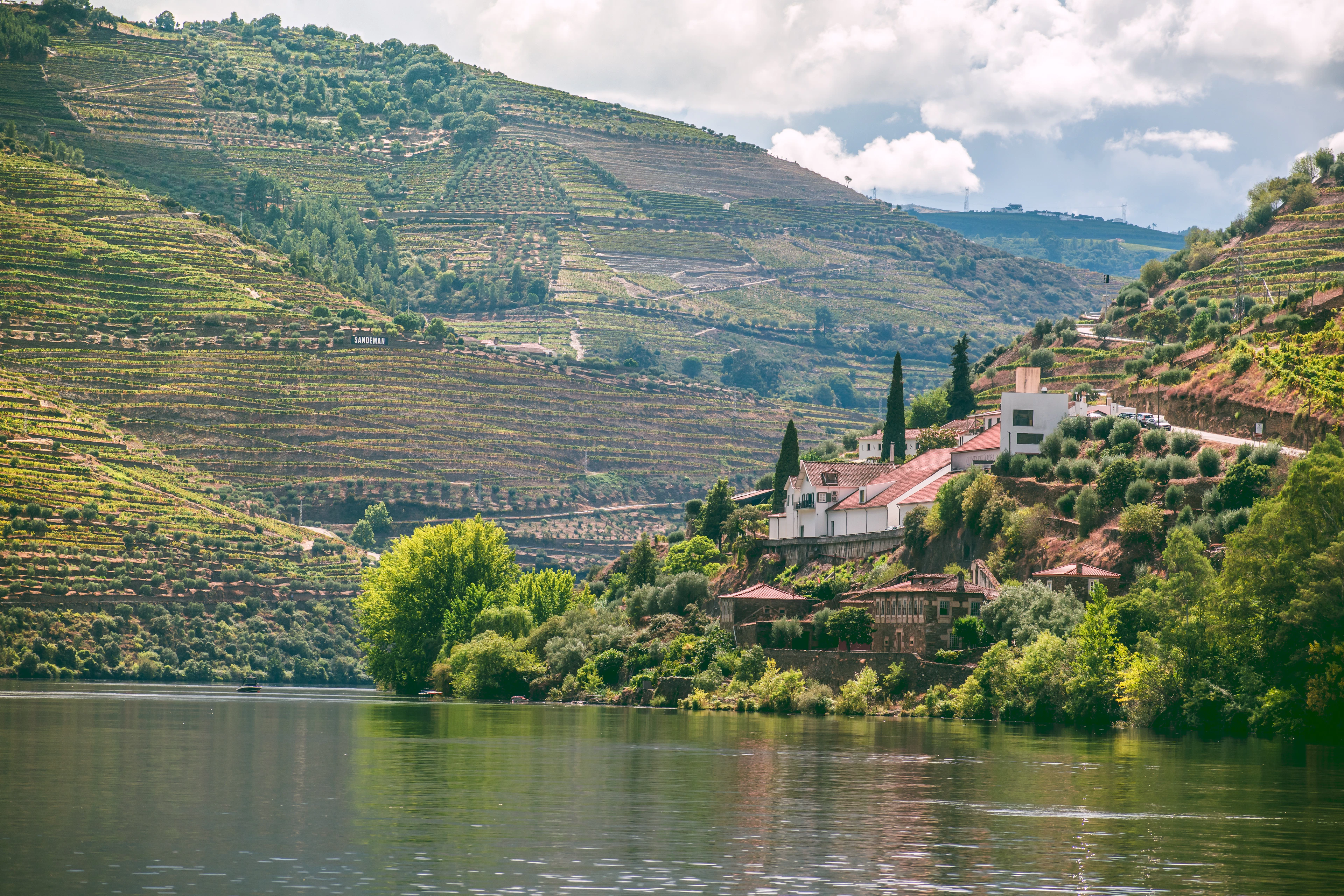 A riverside quinta with terracotta roofs sits among vineyard-covered hills above the Douro.