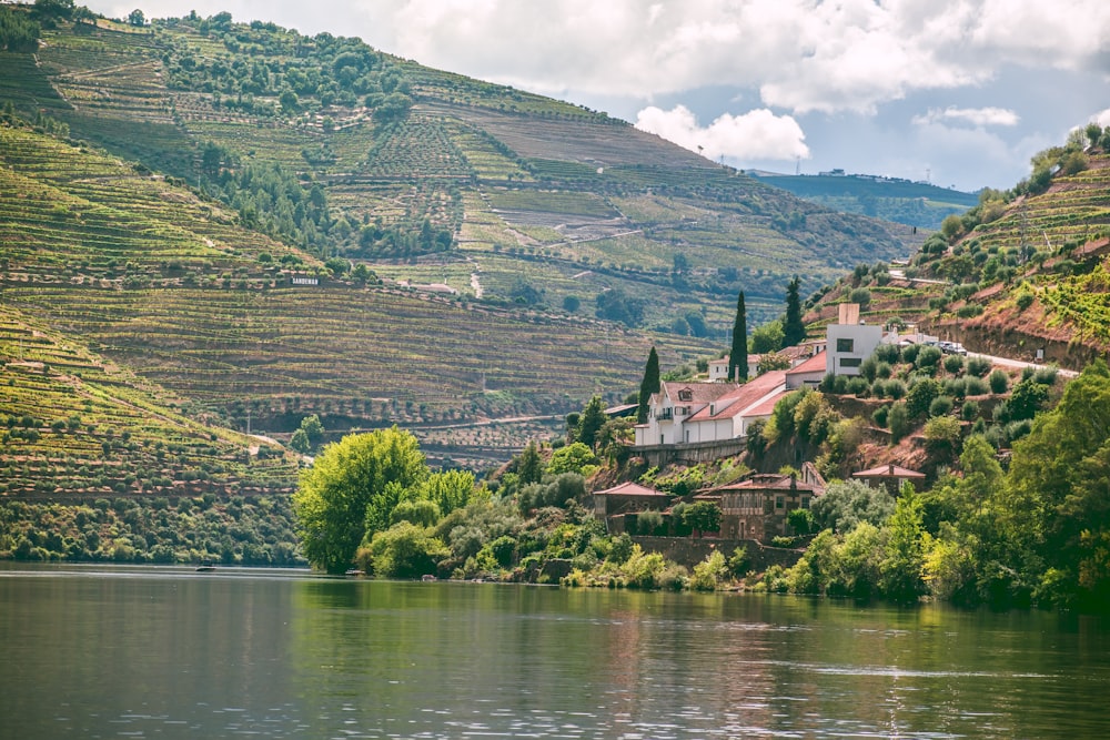 a large body of water surrounded by a lush green hillside