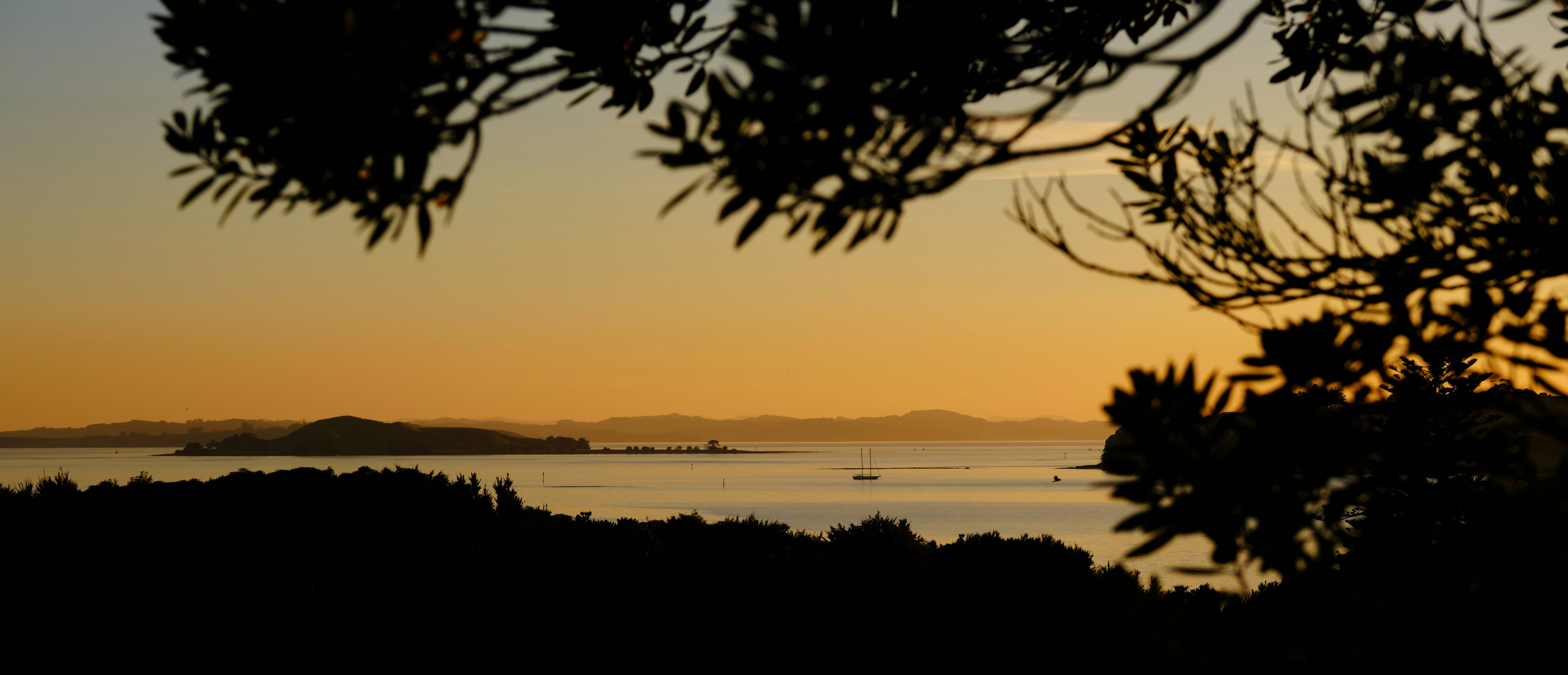 Sunset sailing cruise with golden sky, calm water, and silhouetted boat rigging