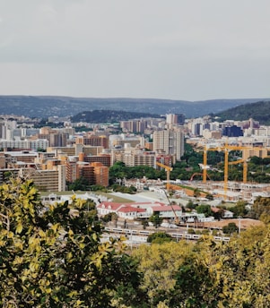 A bustling urban landscape with numerous buildings of varying heights, surrounded by lush greenery in the foreground. Construction cranes are visible, indicating development activity. Hills can be seen in the background under a partly cloudy sky.