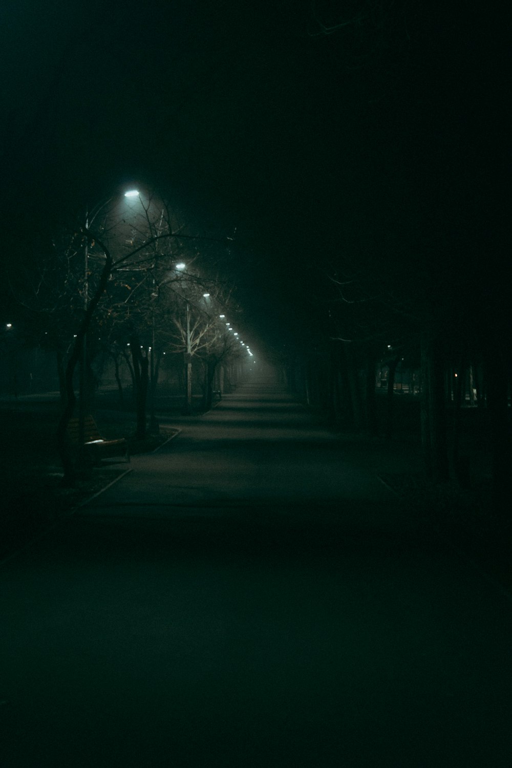 a dark street at night with street lights