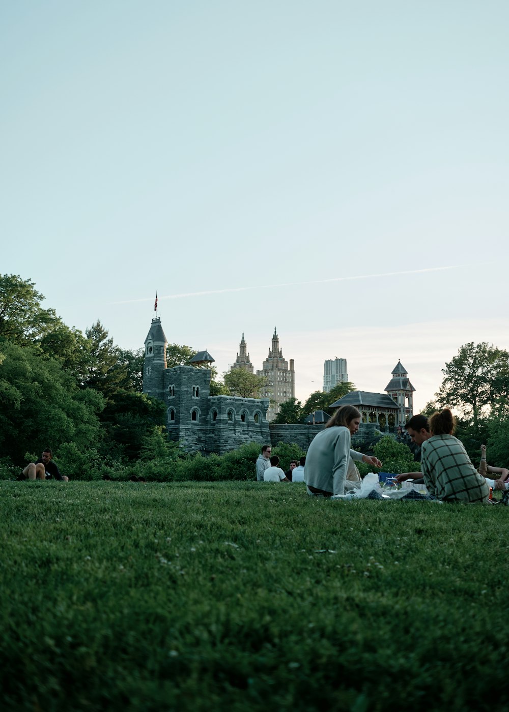 a couple of people sitting on top of a lush green field