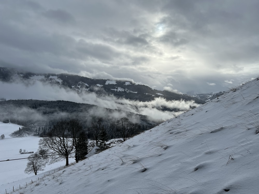 a snow covered hill with trees and clouds in the background