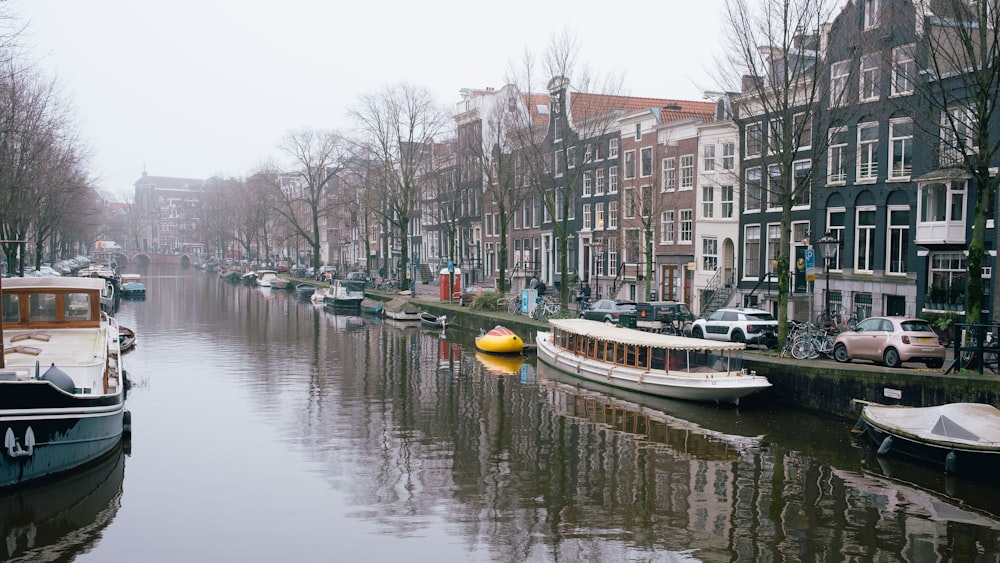 a canal with several boats parked on the side of it