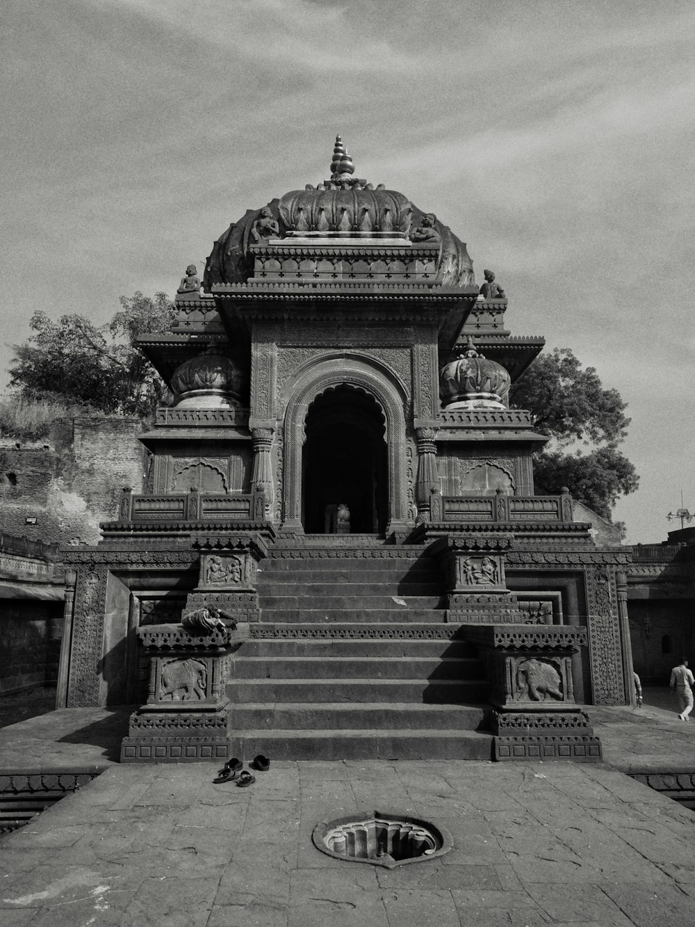 a black and white photo of a temple