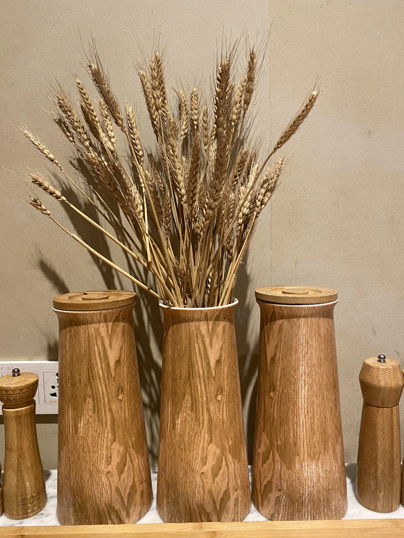 Wooden shelf with vases