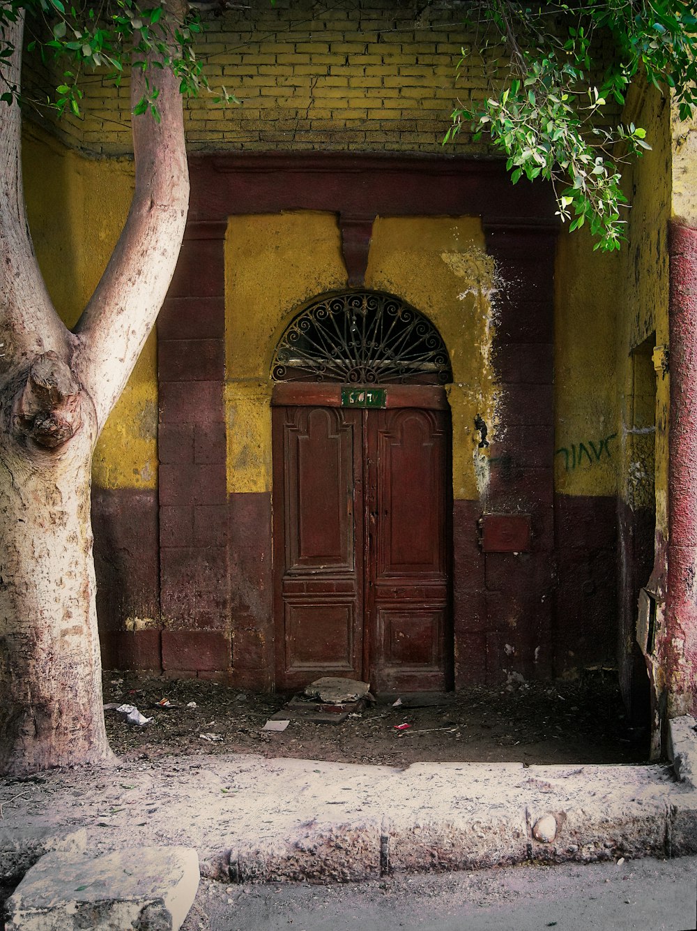 ein altes Gebäude mit einer Tür und einem Baum davor