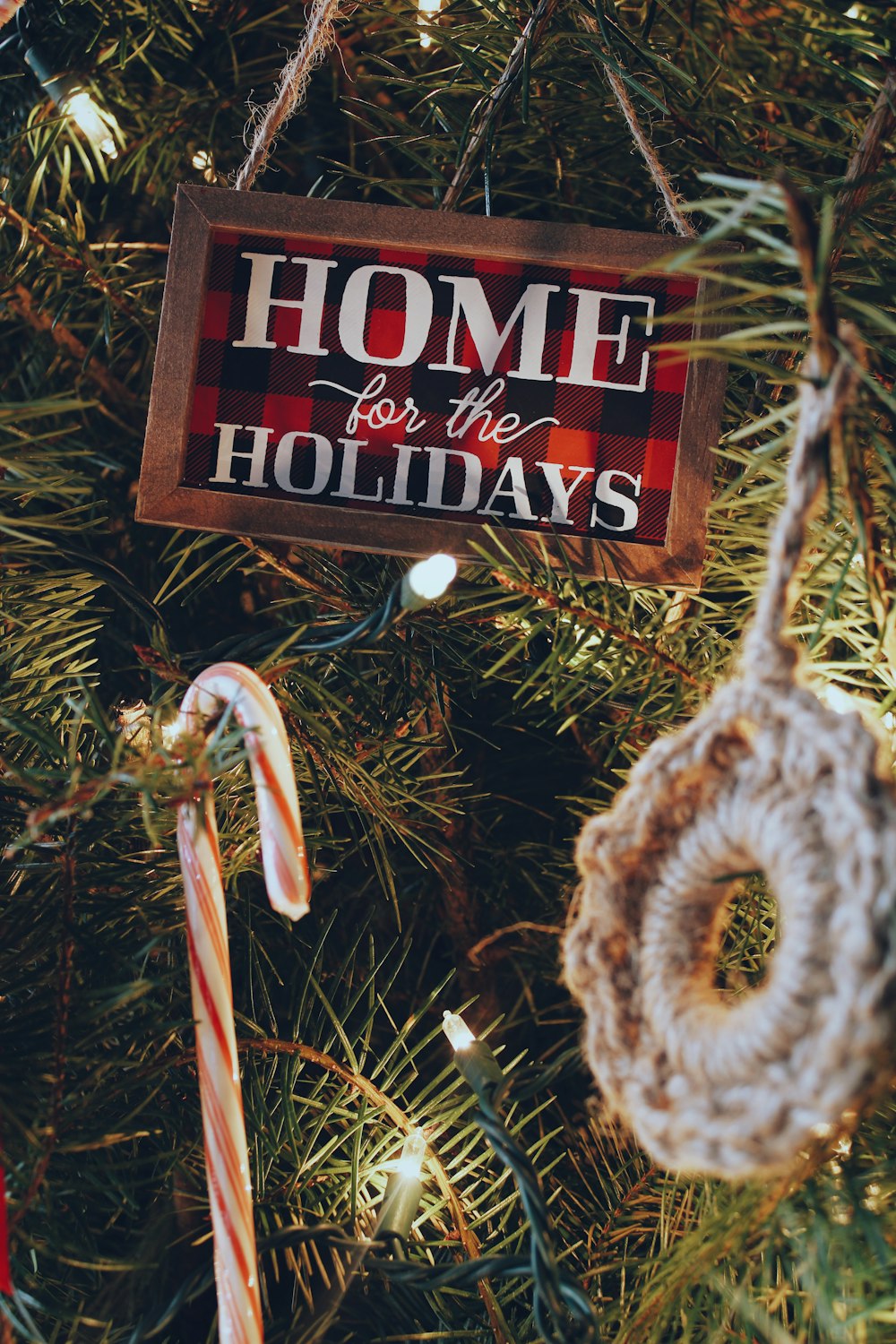 a christmas ornament hanging from a christmas tree