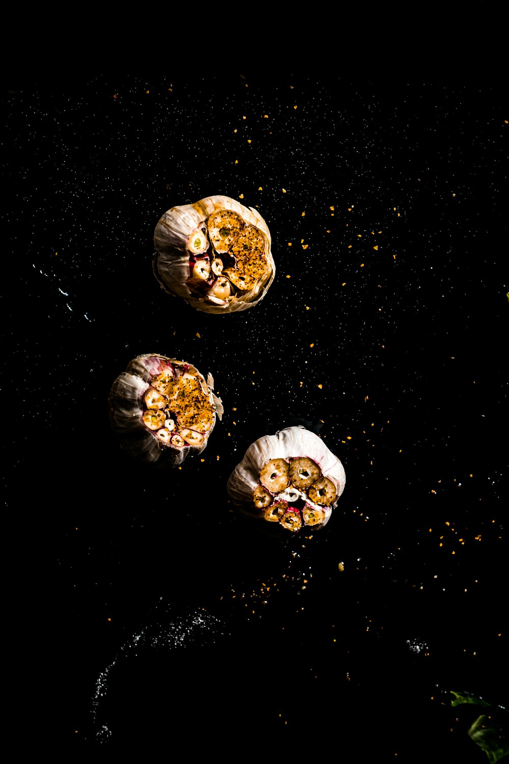 three pieces of food sitting on top of a table