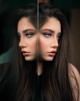 a woman's face is reflected in a mirror
