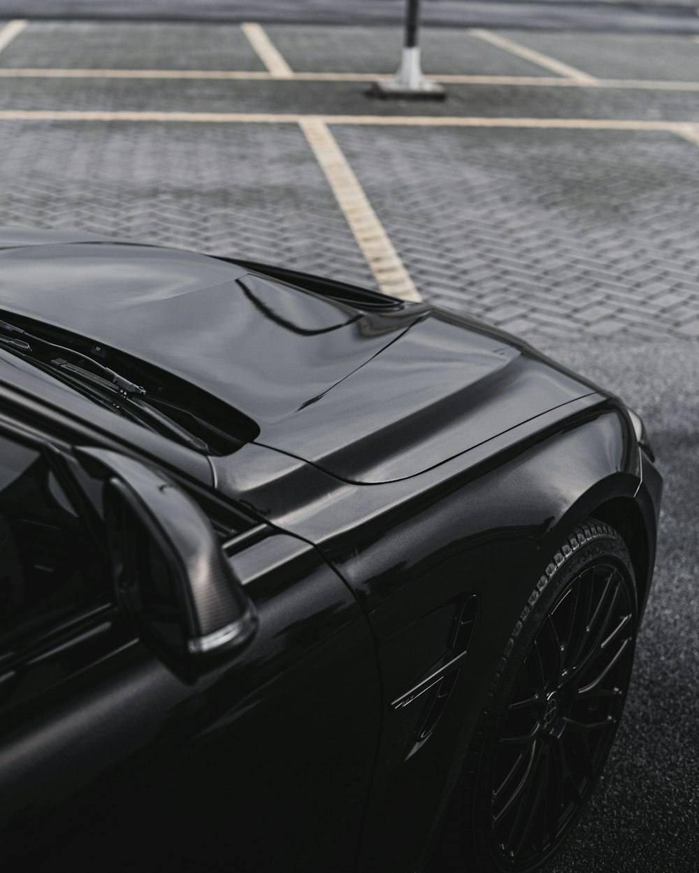 a black sports car parked in a parking lot