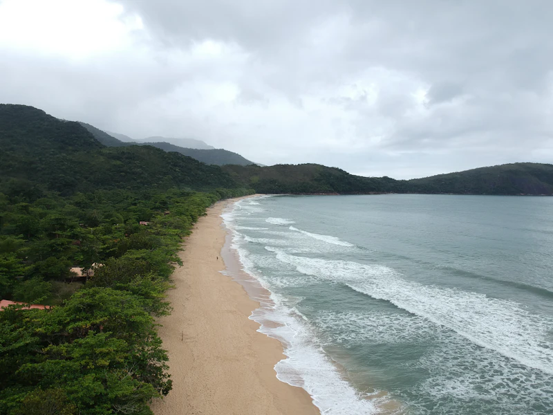 Praia extensa cercada por morros de mata preservada
