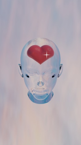 A transparent, futuristic robotic head is centered against a soft gradient background. Inside the head, at the forehead, is a realistic red heart with a shining star-like sparkle.