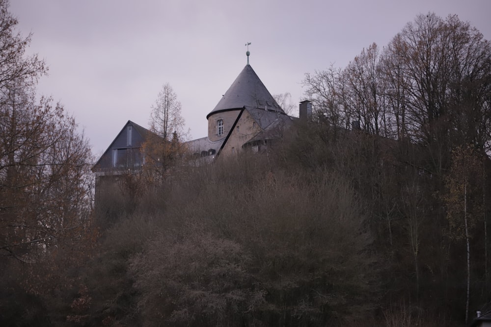 a large building on a hill surrounded by trees