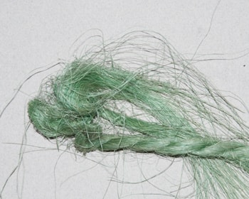 A close-up image of a bundle of fibrous material, with twisted and loose strands. The fibers appear green and have a shiny, textured appearance against a light background.