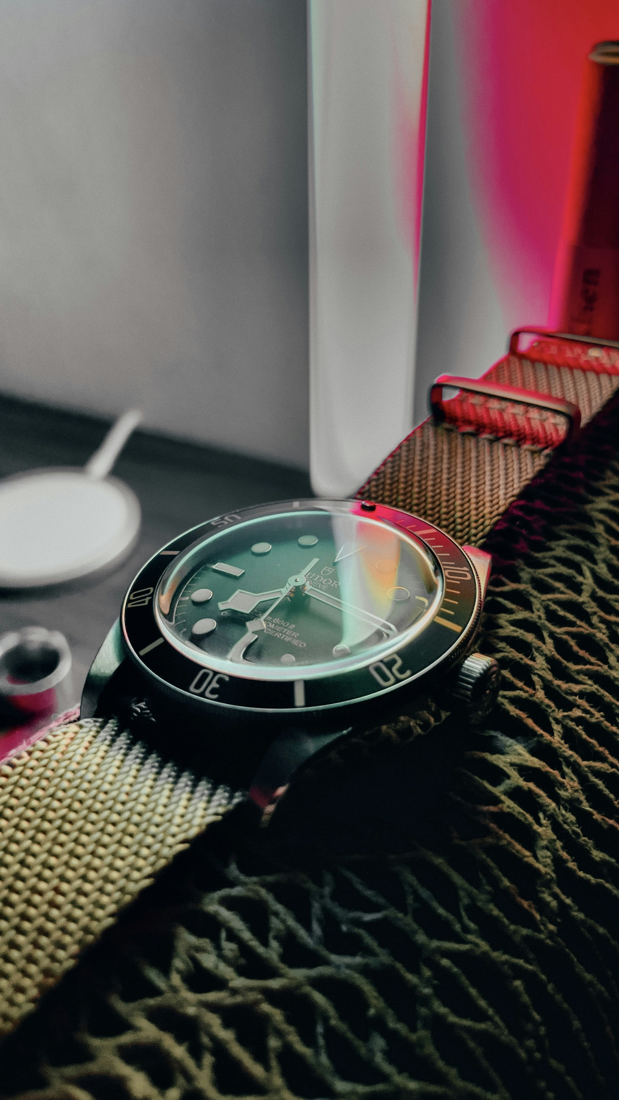 Modern Tudor diver watch on grey stone surface with natural light