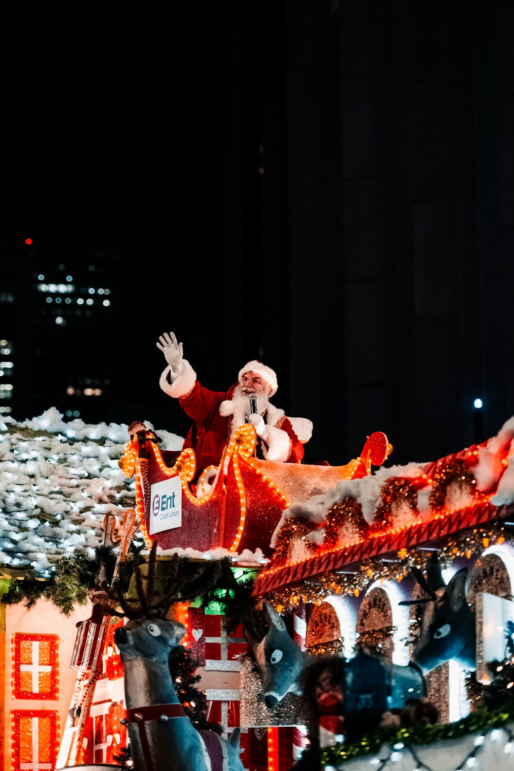 a float with a santa clause on top of it