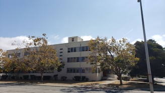 a white building with trees in front of it