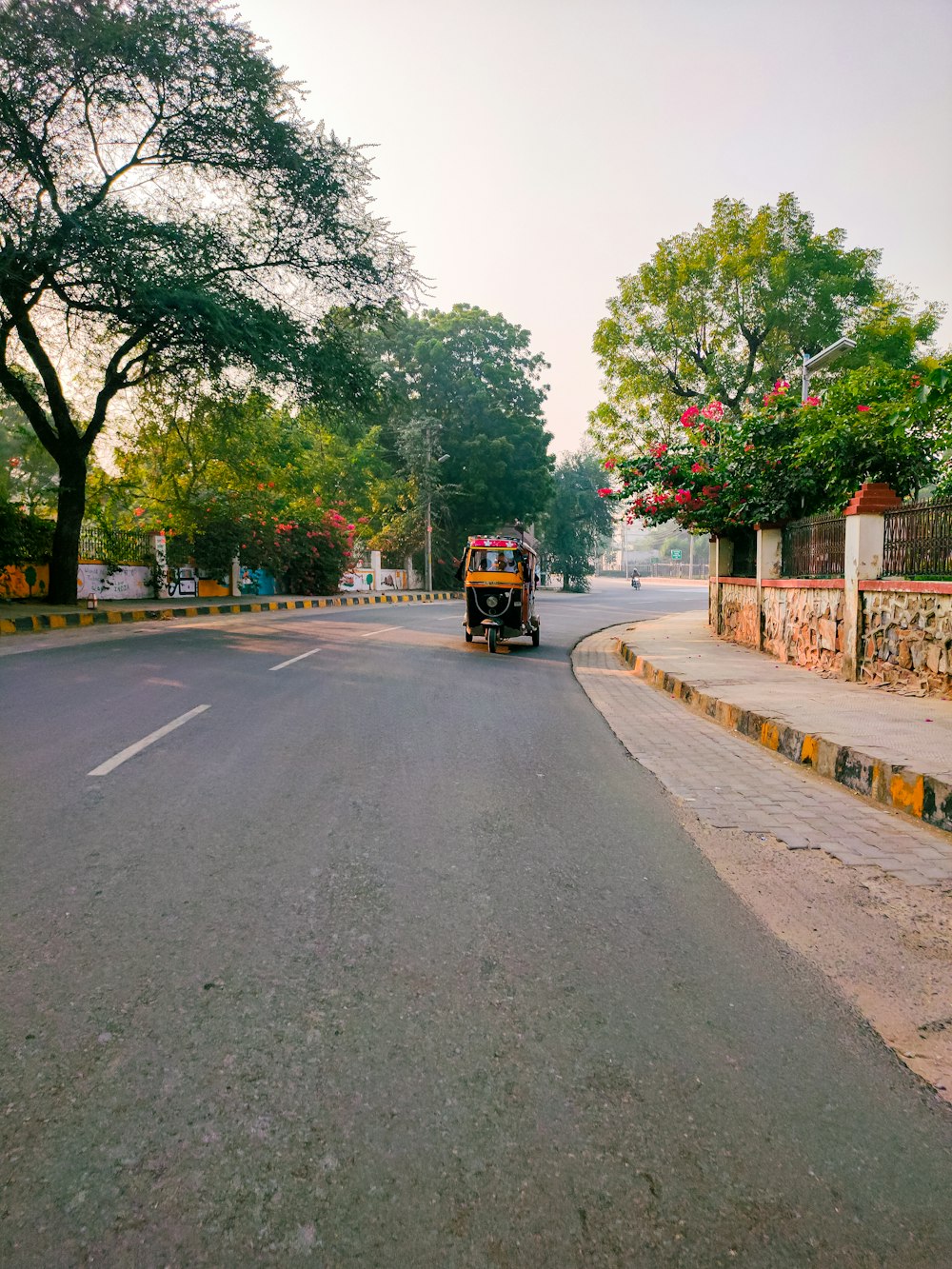 a truck driving down a street next to a lush green forest