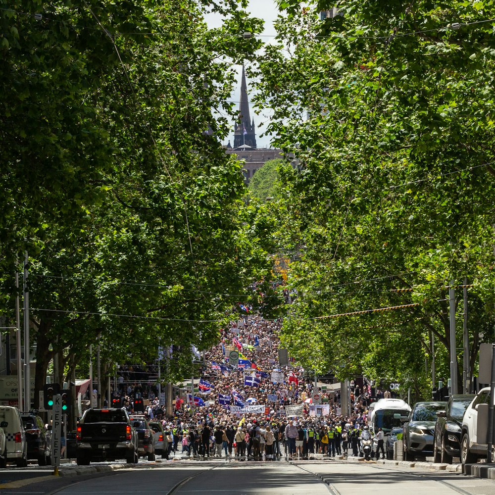 a large group of people walking down a street