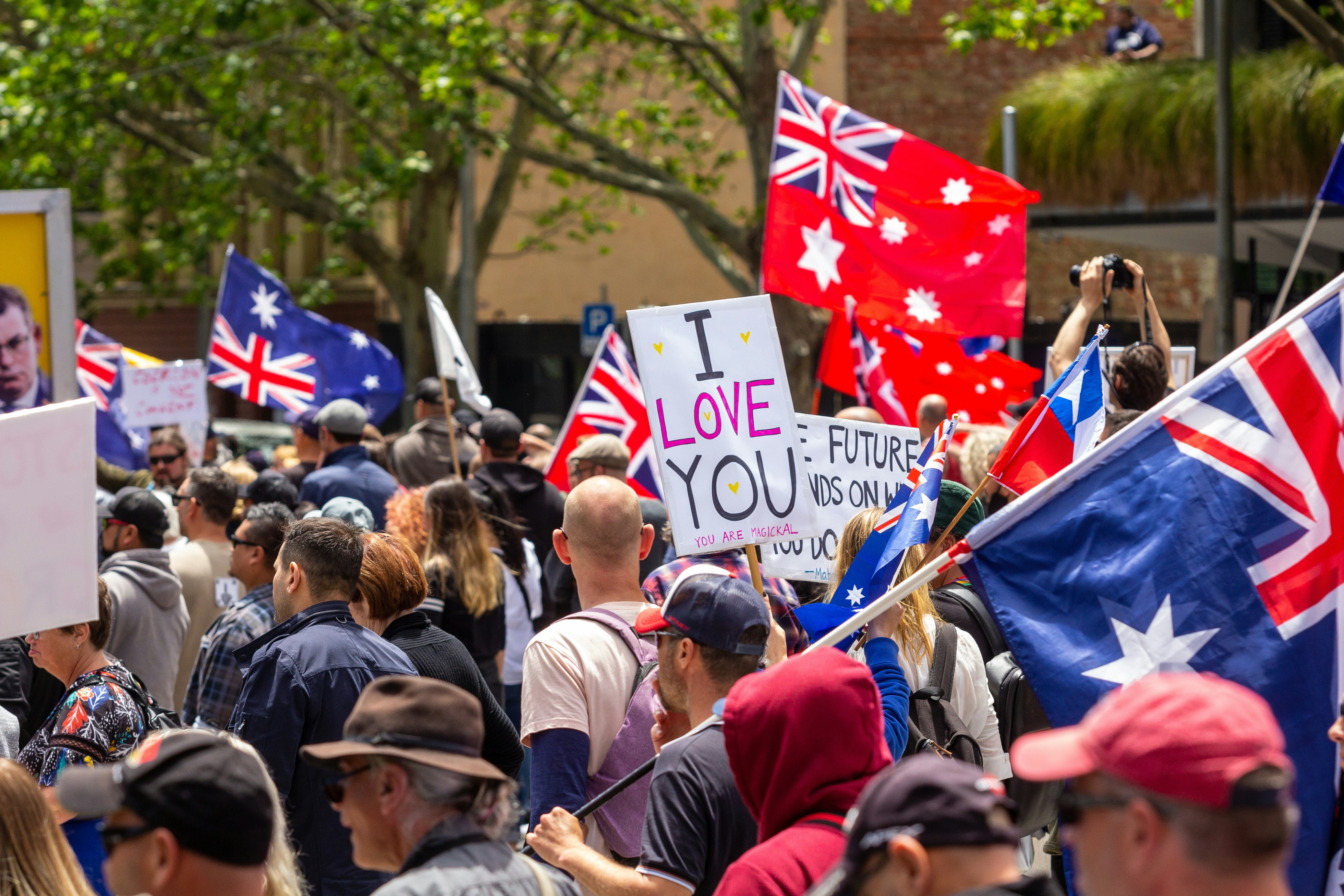 a crowd of people holding flags and signs