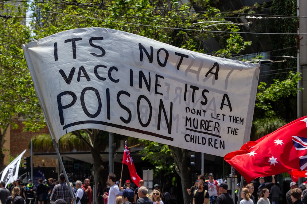 a group of people holding signs and flags