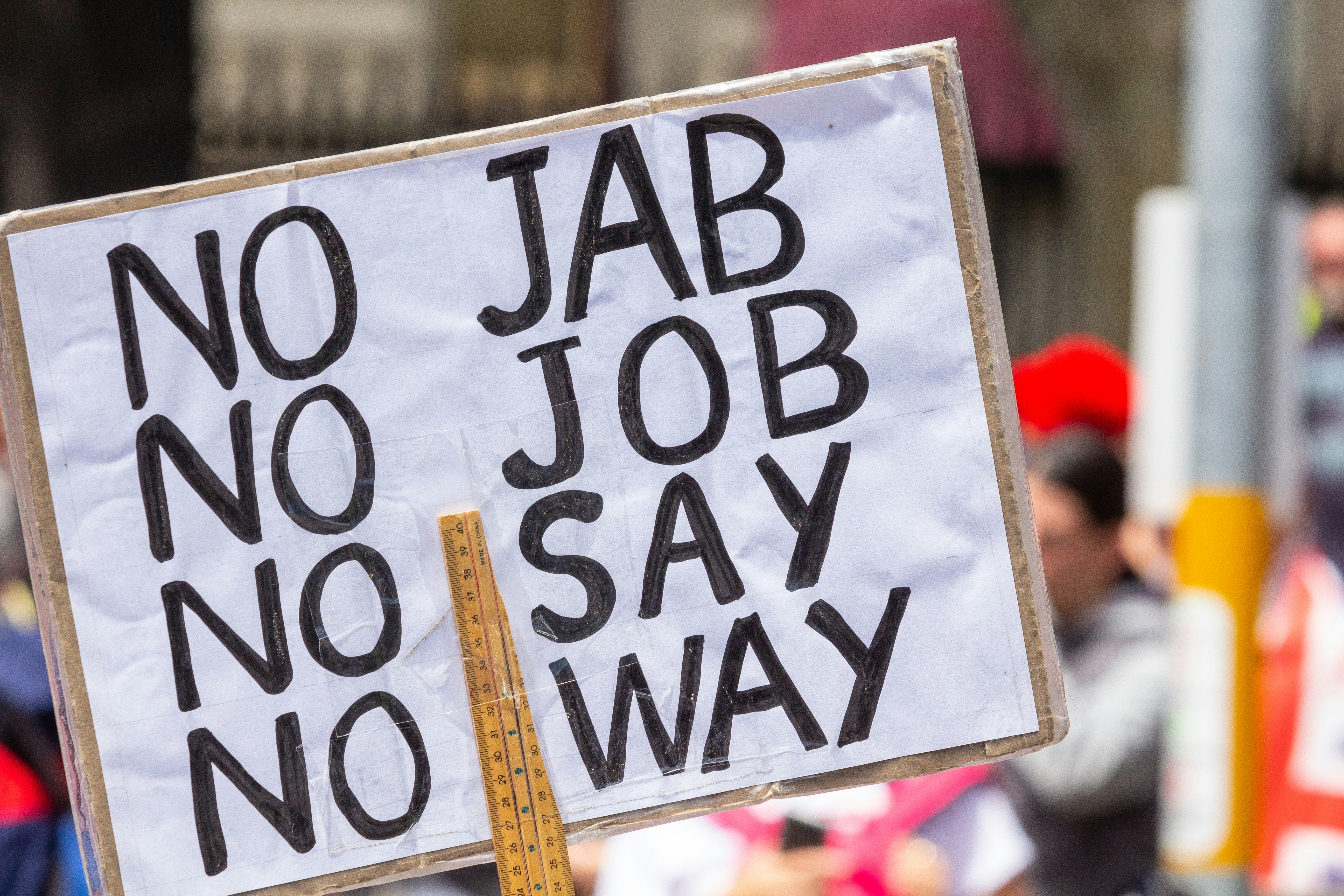 No Jab No Job sign at Melbourne's Freedom protests rally and march in the city November 20th 2021 - over 200,000 people marched from Parliament to the Flagstaff Gardens. A happy family friendly crowd singing and chanting 