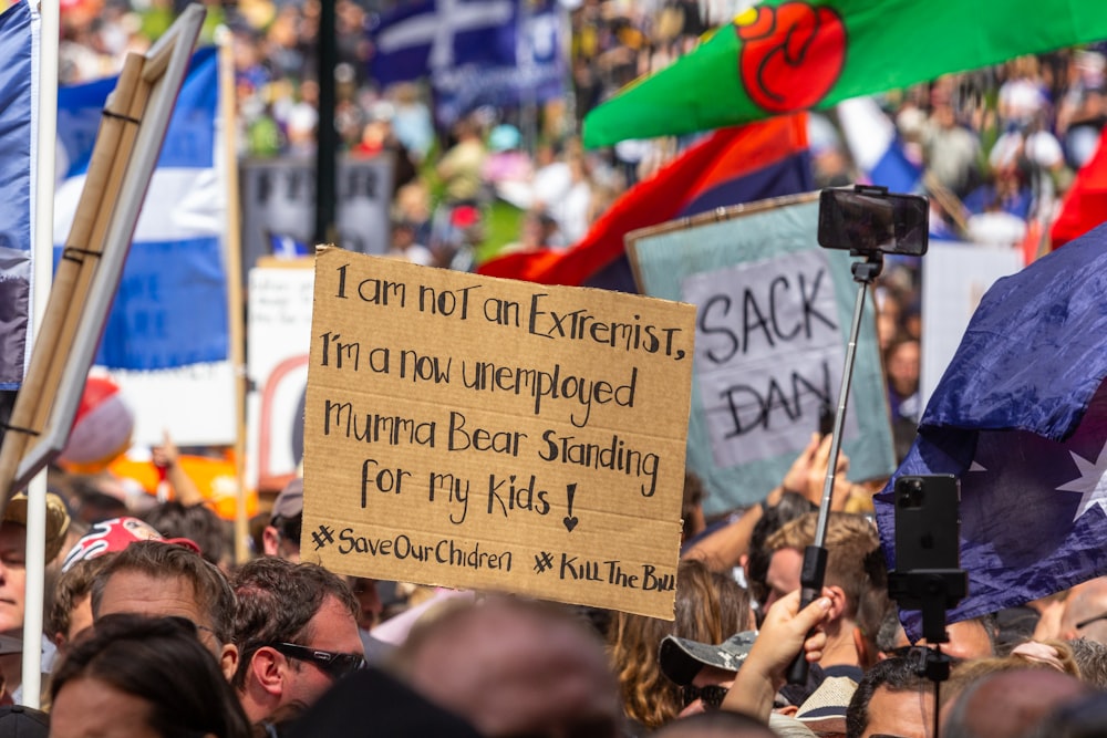 a crowd of people holding signs and flags