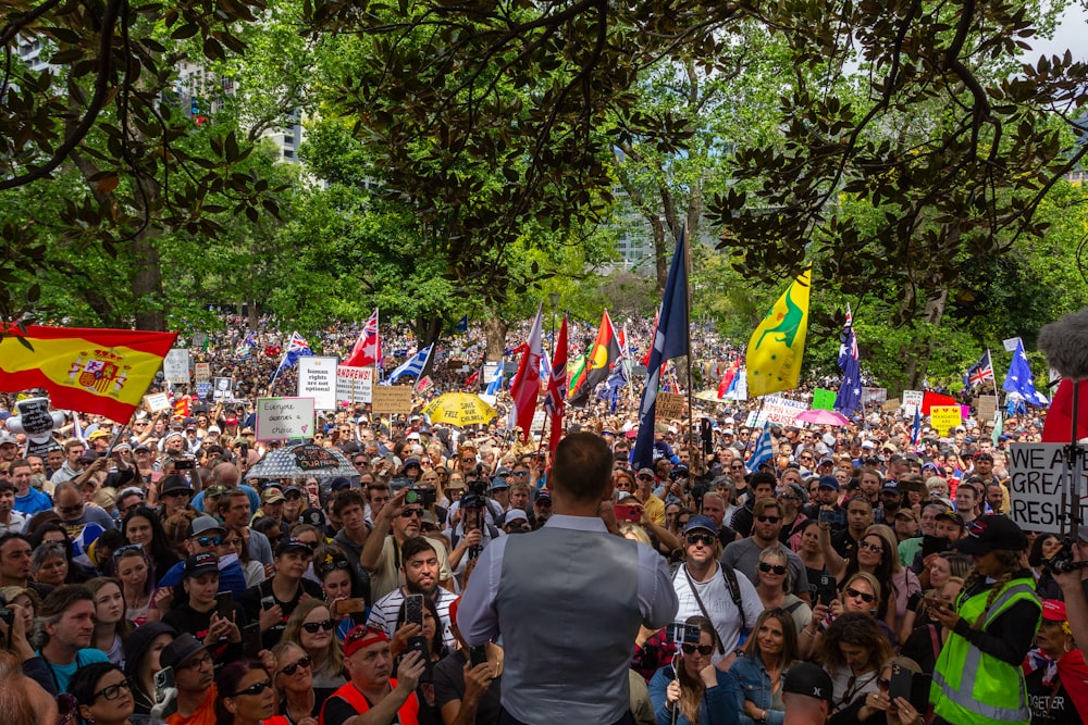 a large crowd of people holding flags and signs