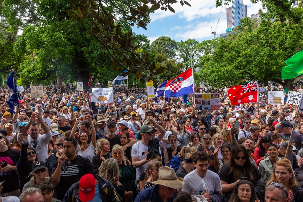 a large group of people standing in a park