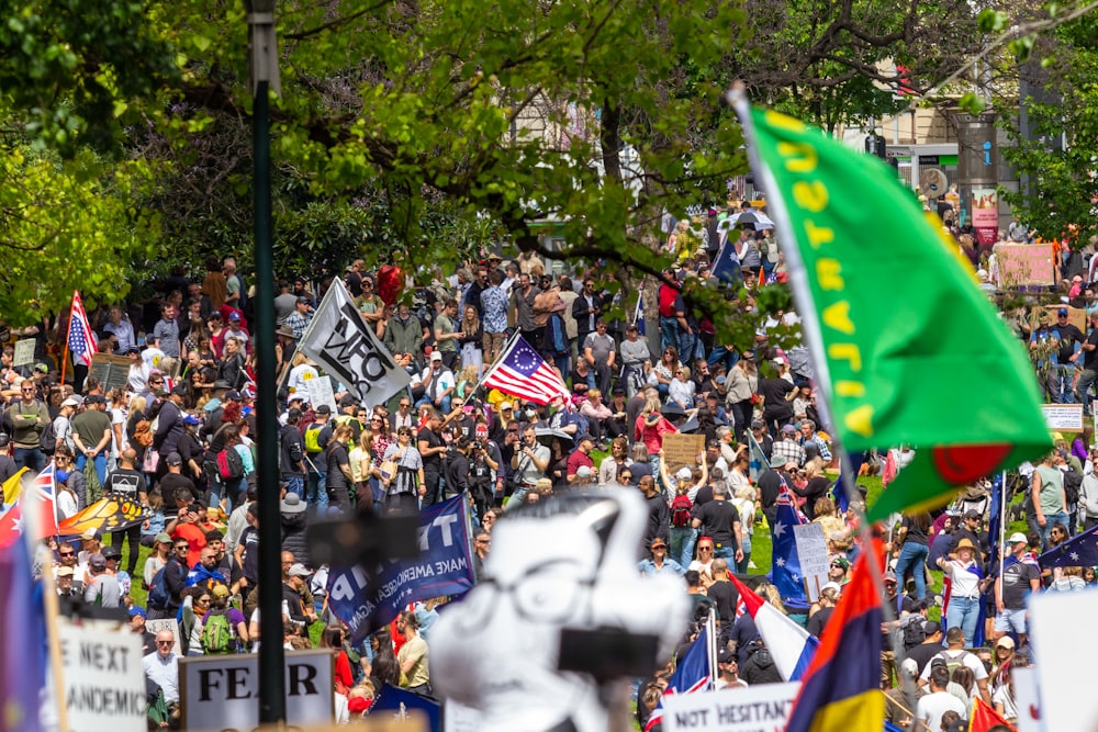 a large crowd of people holding flags and signs