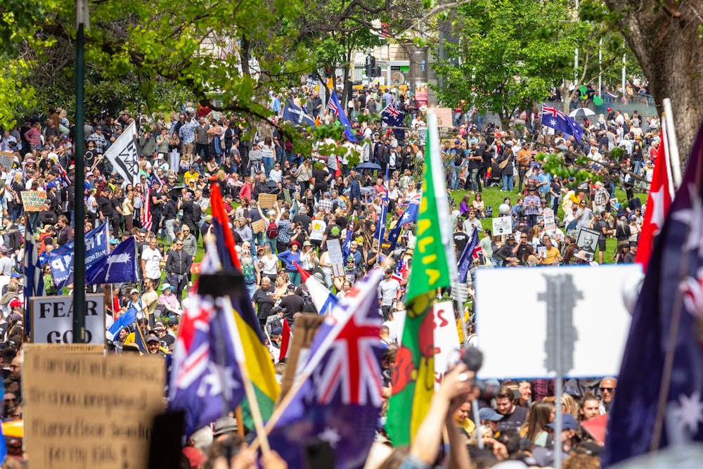 une grande foule de personnes tenant des drapeaux et des pancartes