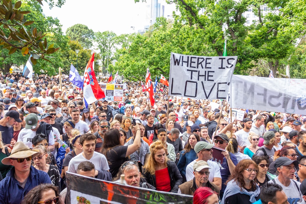 a large crowd of people holding signs and flags