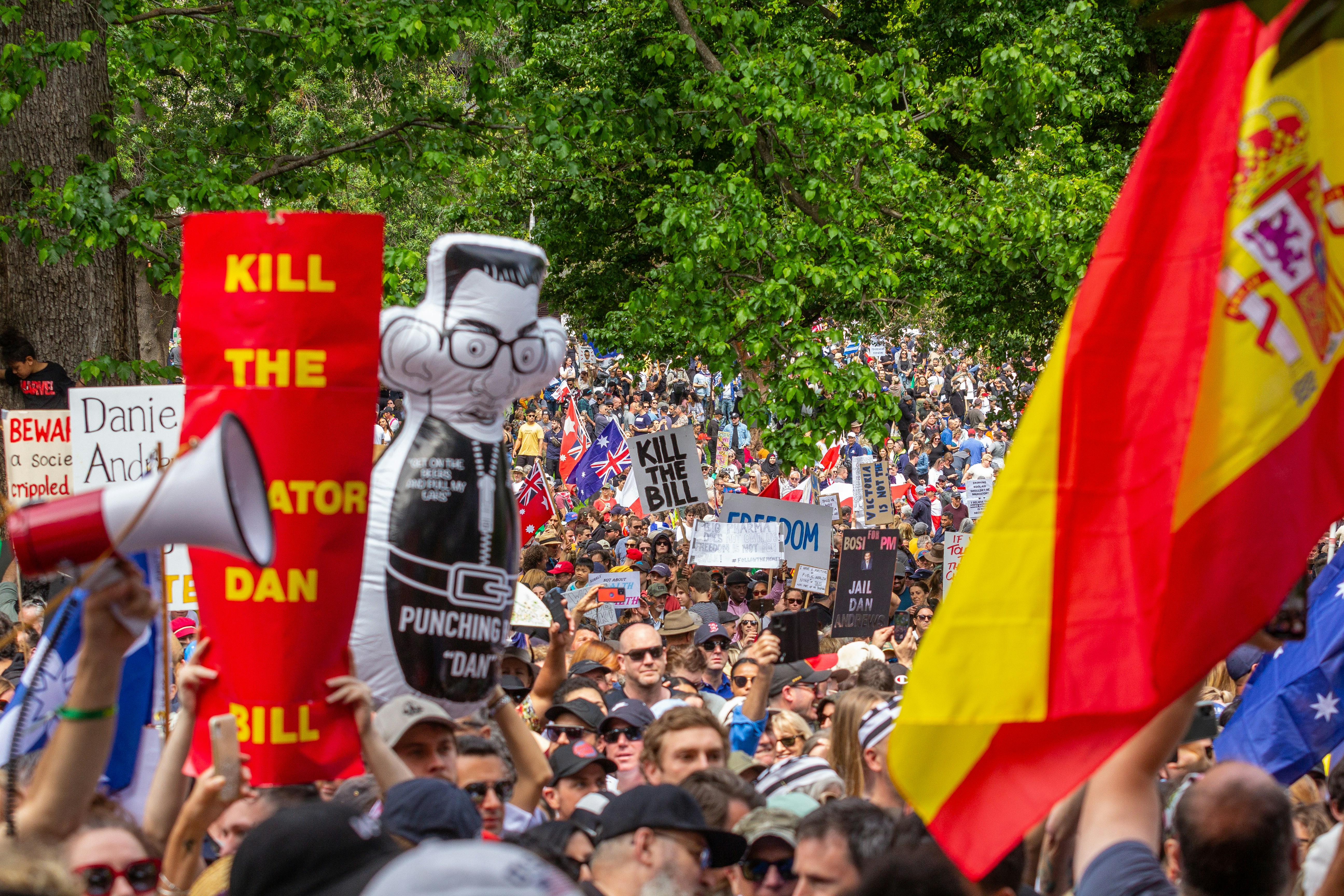 Melbourne's Freedom protests rally and march in the city November 20th 2021 - over 200,000 people marched from Parliament to the Flagstaff Gardens. A happy family friendly crowd singing and chanting \