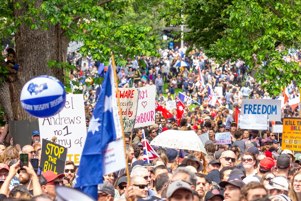 a large crowd of people holding signs and flags