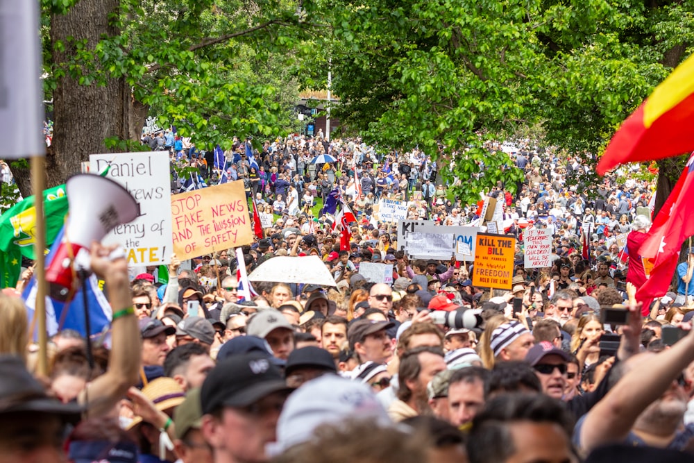 Una gran multitud de personas con carteles y banderas