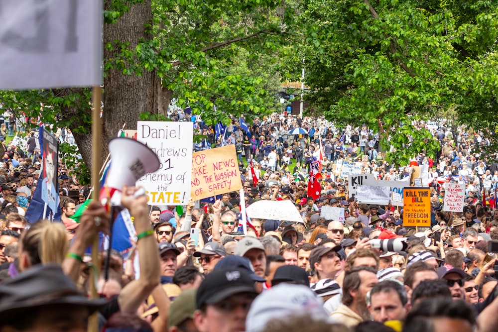 a large crowd of people holding signs and flags