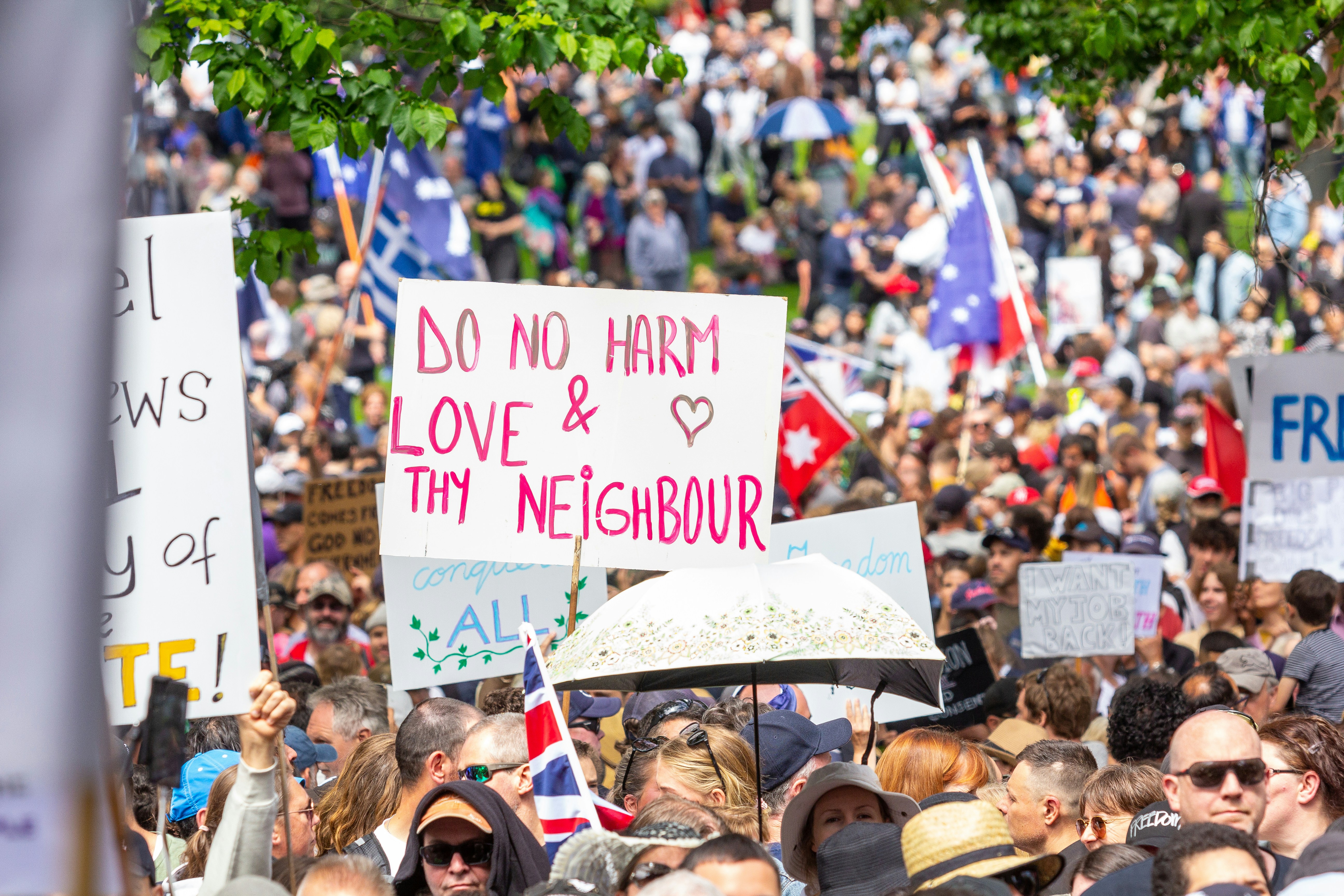 A crowd of people holding signs and umbrellas photo – Free Australia ...
