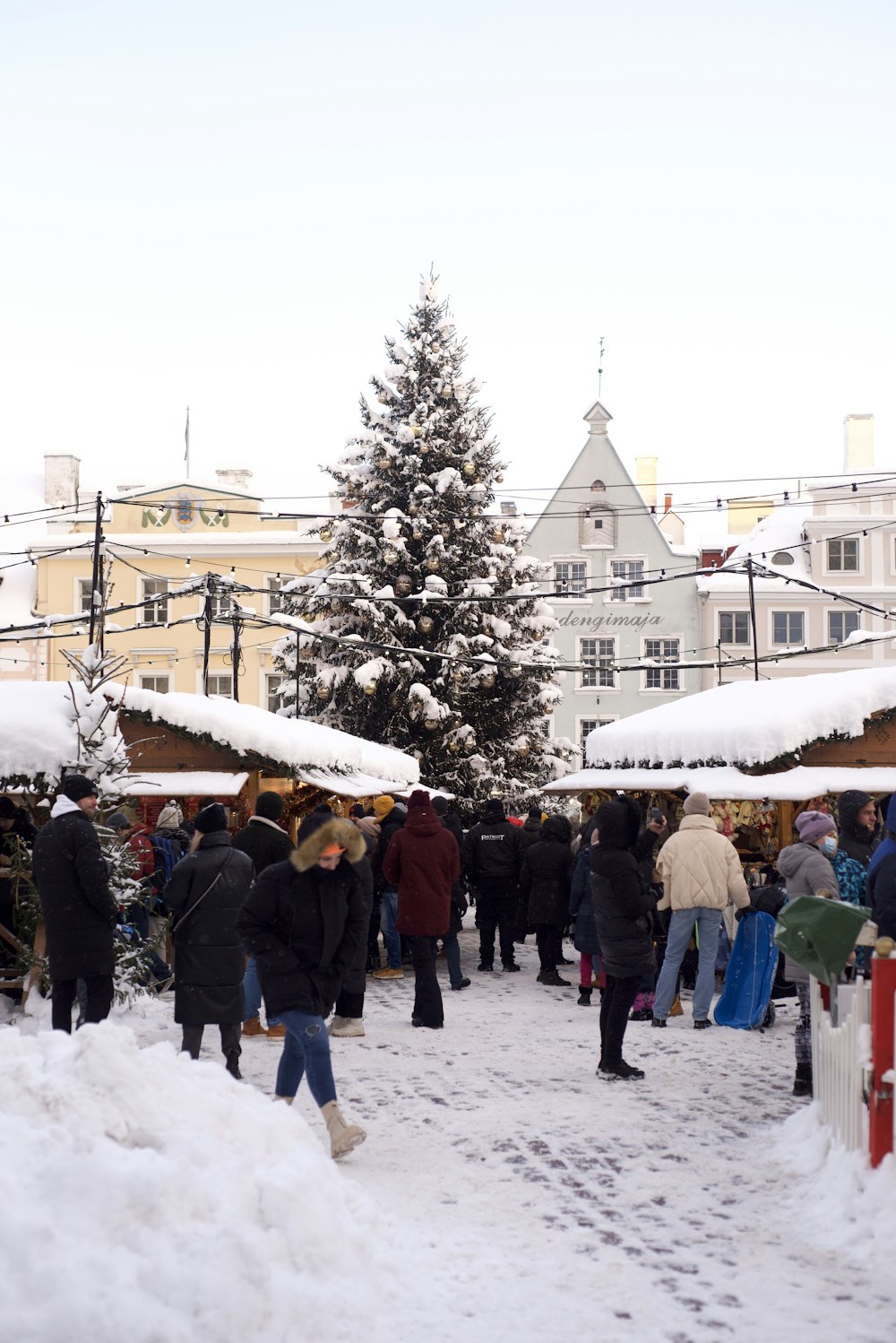 a group of people standing around a christmas tree