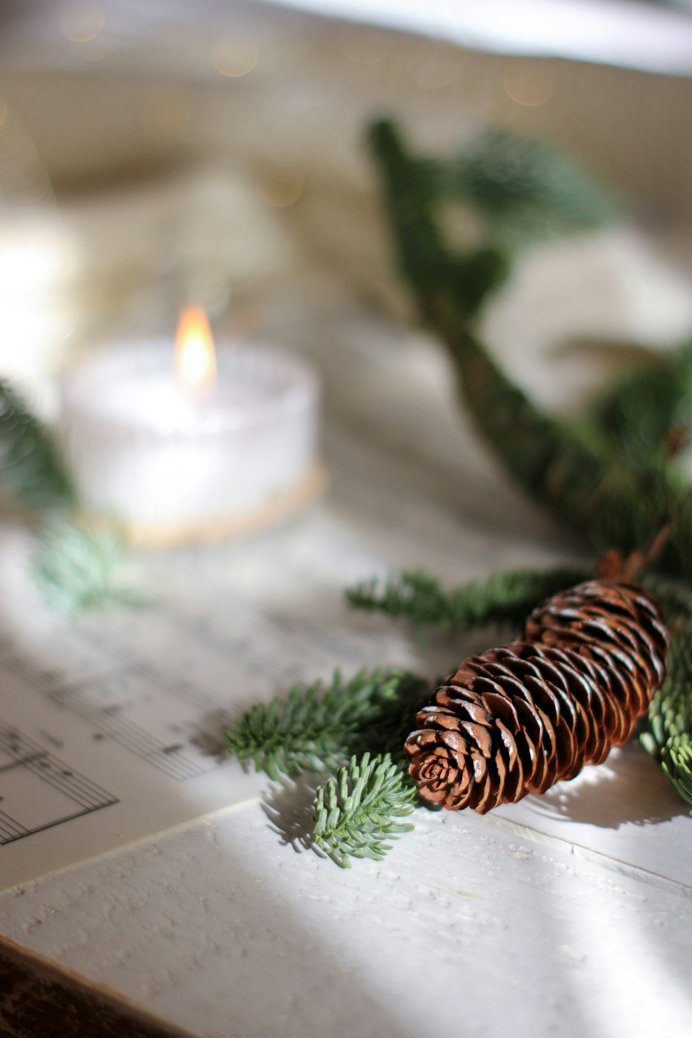 a pine cone sitting on top of a table next to a candle