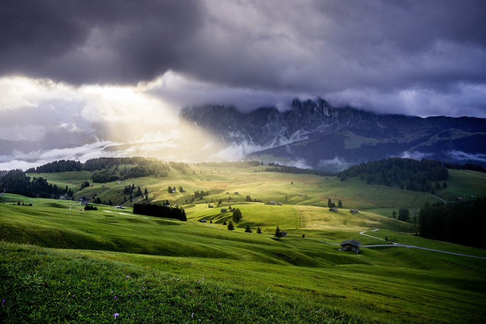 a lush green hillside under a cloudy sky