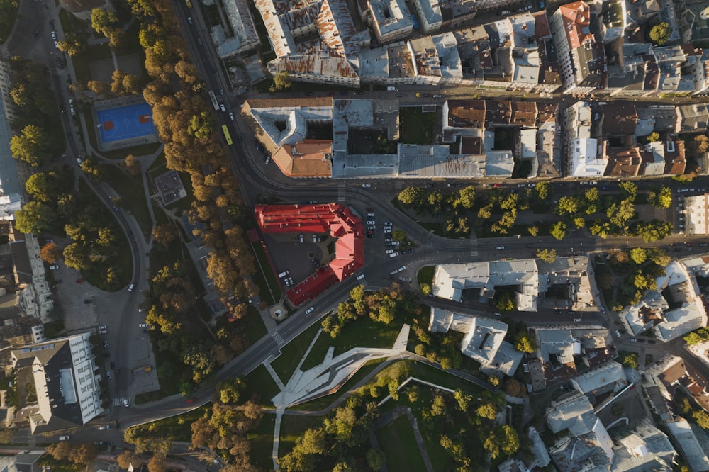 an aerial view of a city with tall buildings