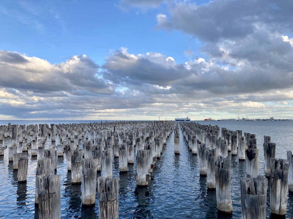 a large body of water surrounded by wooden posts